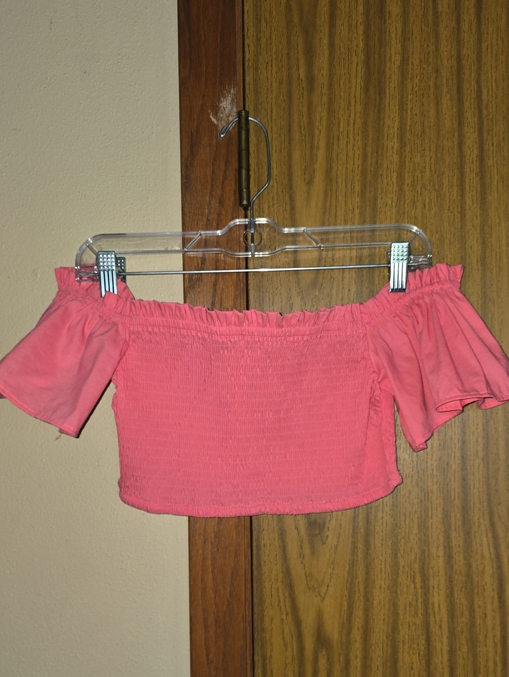 H&M Coral Pink Off-Shoulder Smocked Crop Top